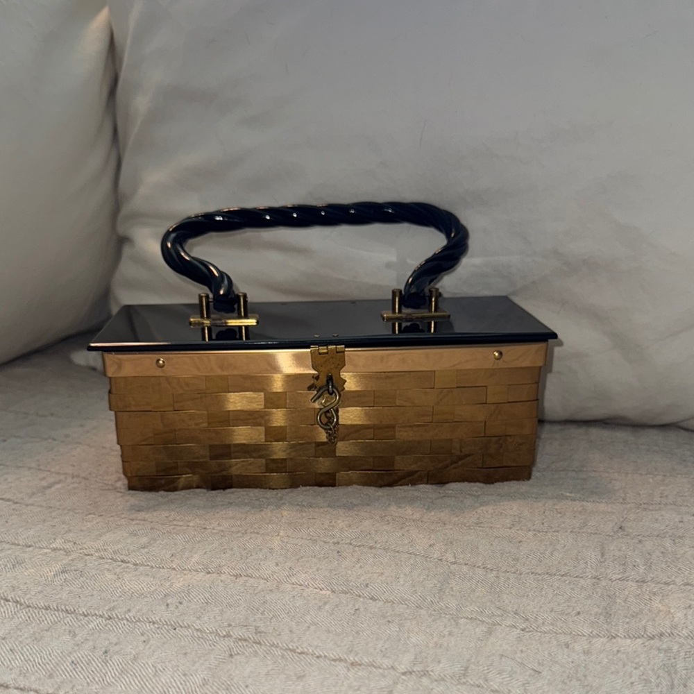 Black Lucite and Woven Brass Mid Century Modern Hand Bag